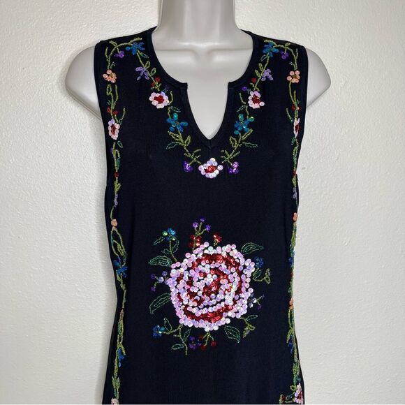 Lucia Burns Sequined Beaded Black Floral Sleeveless Sweater Top Women Size Small - Picture 3 of 15
